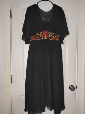 Vintage Black Maxi Dress with Red Floral Embroidery
